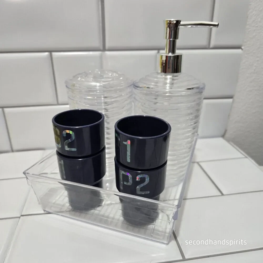 Bathroom Set Family Rinse Cups – Gender Neutral Labels P1 P2 S1 S2, Navy Blue